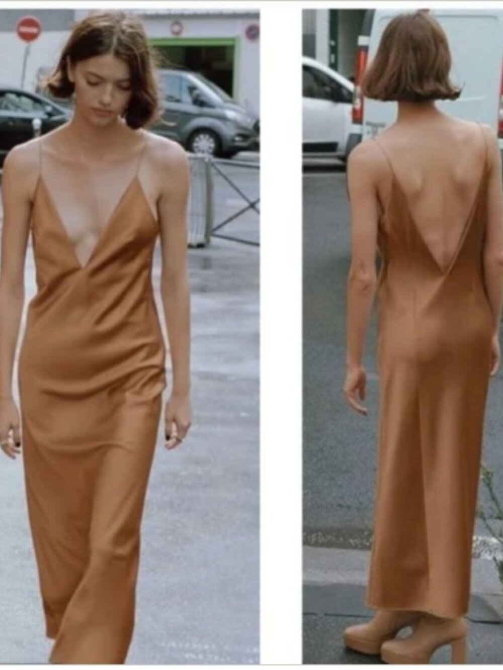 ZARA Honey Brown Satin Slip Maxi Dress Plunge V Neckline Adjustable Size S NWTD